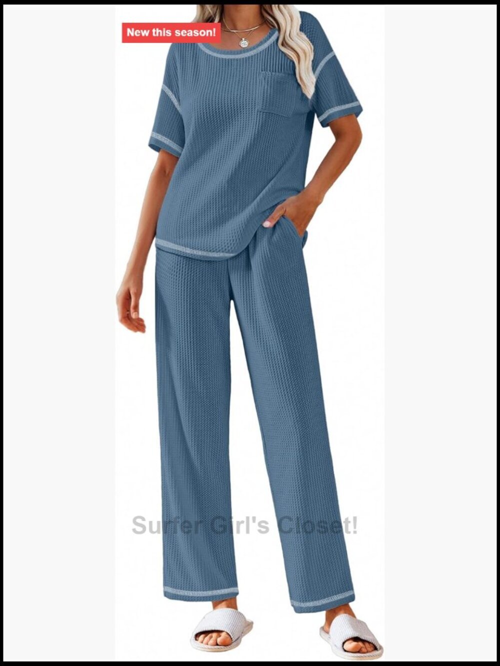 Ekouaer 2 Piece Waffle Knit Lounge Set Short Sleeve Top and Long Pants Pajama